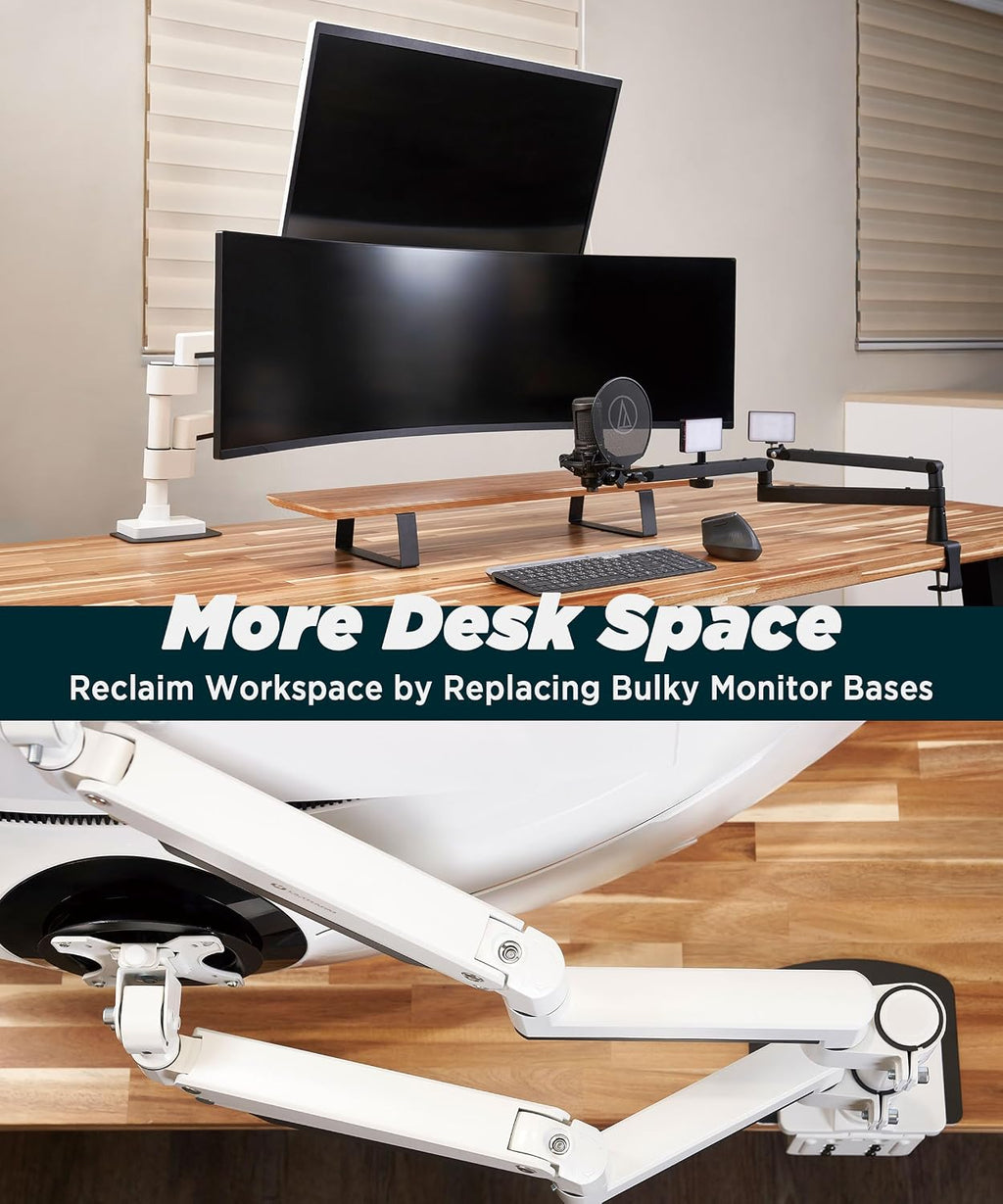 Brazo de monitor dual resistente para monitores ultraanchos de hasta 57 pulgadas y 44 libras, soporte de monitor doble para monitor doble de 49 pulgadas vertical apilado en altura ajustable - Montaje VESA de 100 x 100, blanco, MA20PW-D