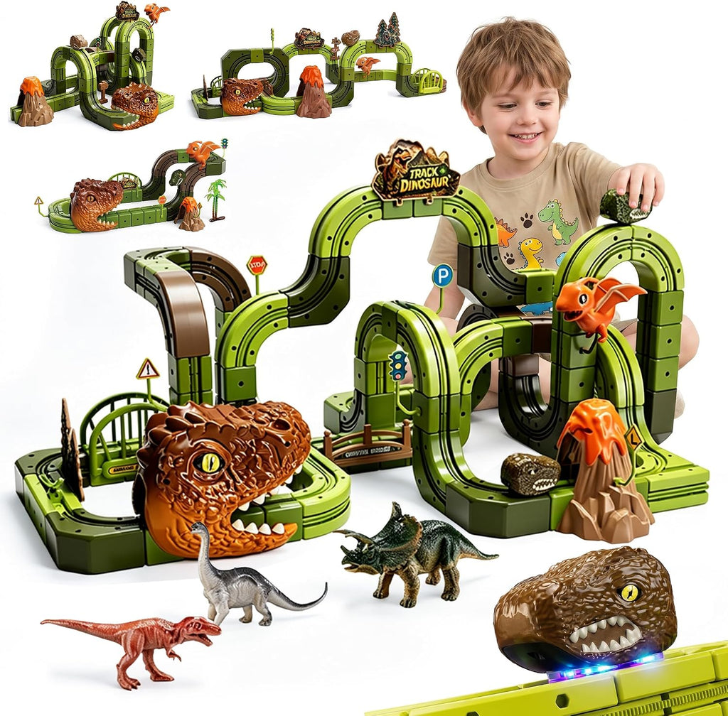 Juego de 135 piezas de tren eléctrico de dinosaurio para niños de 3 a 12 años, juego de tren eléctrico 3D para niños pequeños, juguetes de construcción de pistas antigravedad, juguetes STEM