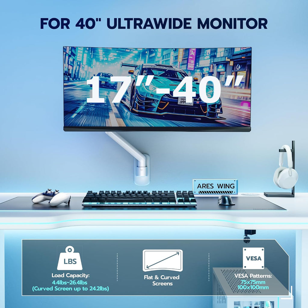 ARES WING Soporte de pared para monitor único ultraancho de 17-40 pulgadas