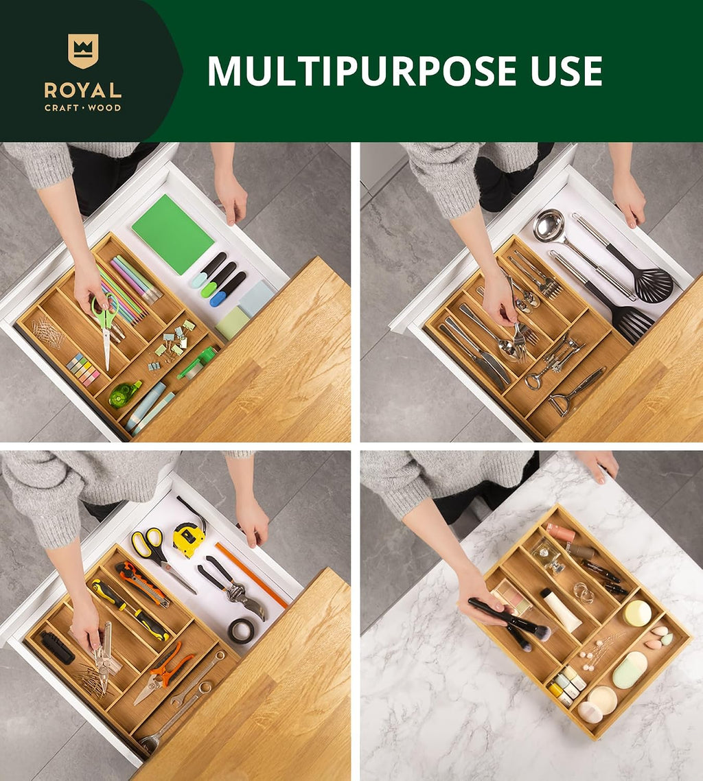 ROYAL CRAFT WOOD Estante de Utensilios de Bambú de Lujo y Organizador de Cubiertos, Organizador de Cajón de Cocina - Soporte de Utensilios y Bandeja de Cubiertos con Divisores de Cajón Ranurados para