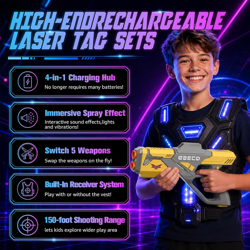 Juego de 6 pistolas láser recargables con chalecos, juego de 6 pistolas láser mejoradas con efecto de niebla y LED digital, juguete multijugador para adolescentes, niños y niñas, regalo de juego de