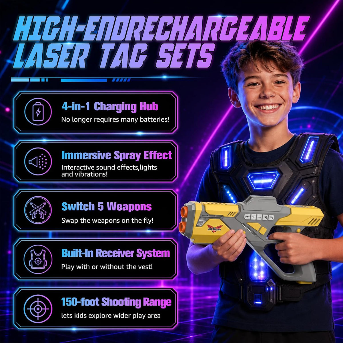 Juego de 6 pistolas láser recargables con chalecos, juego de 6 pistolas láser mejoradas con efecto de niebla y LED digital, juguete multijugador para adolescentes, niños y niñas, regalo de juego de