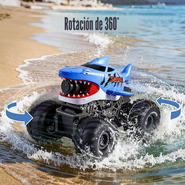 BOBXIN Camión monstruo de tiburón con control remoto anfibio, 4WD t...