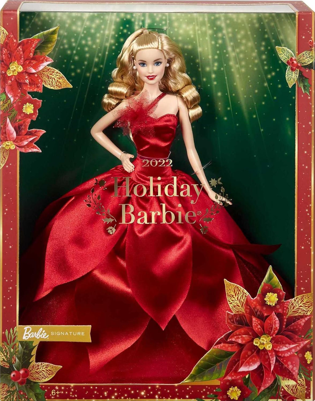 Muñeca Barbie Signature 2022 de festividades, cabello rubio ondulado con vestido rojo inspirado en la flor de Nochebuena, colección coleccionable con soporte para muñeca y certificado de autenticidad