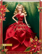 Muñeca Barbie Signature 2022 de festividades, cabello rubio ondulado con vestido rojo inspirado en la flor de Nochebuena, colección coleccionable con soporte para muñeca y certificado de autenticidad