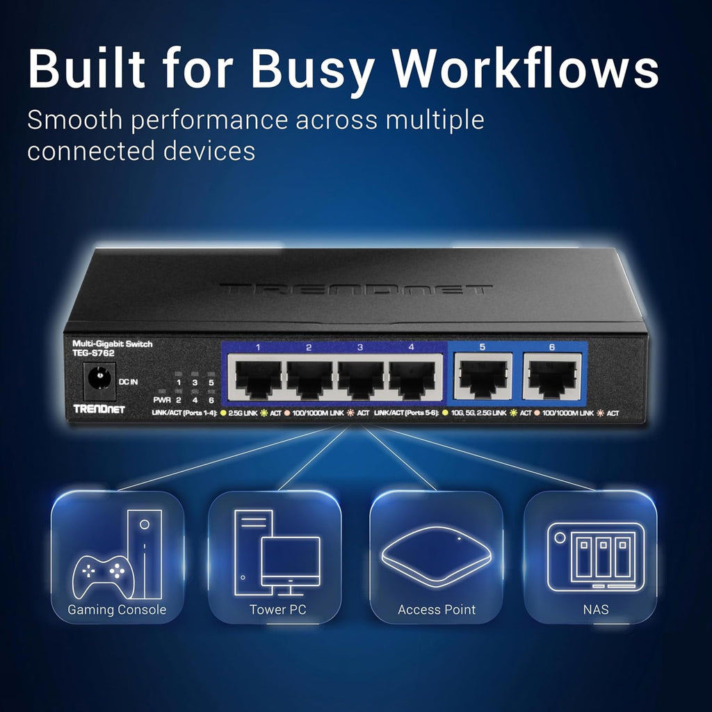 TRENDnet - Interruptor 10G de 6 puertos, 4 puertos RJ-45 Base-T de 2,5 G, TEG-S762