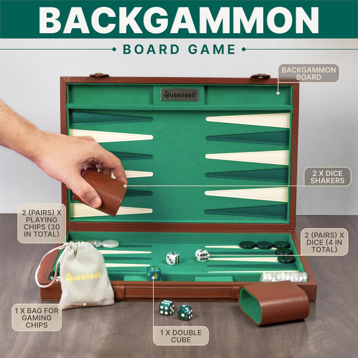 Backgammon - Juego de mesa para adultos de 15 pulgadas, juego de mesa de backgammon de piel sintética de alta calidad con 32 fichas, tazas de dados y cubo doble, juego de backgammon de viaje portátil