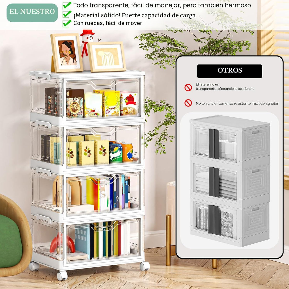 Kmiectse Contenedores de almacenamiento transparentes con tapas - Contenedores de plástico de 4 niveles con ruedas, contenedor de almacenamiento apilable, caja organizadora de armario para dormitorio