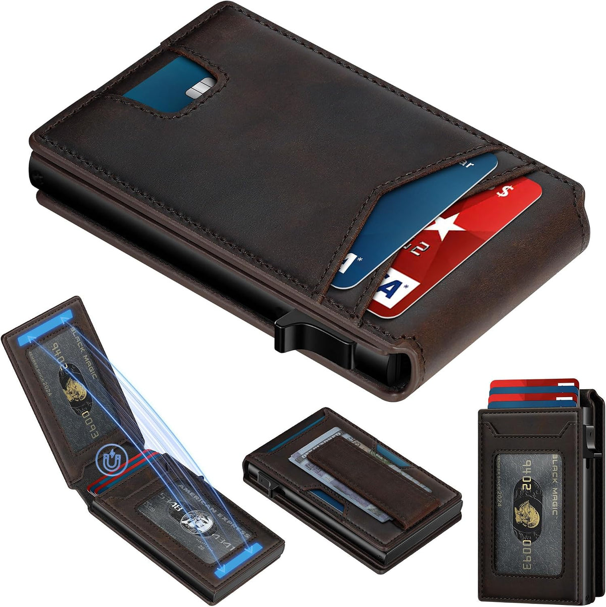 Genuine Leather Wallet para Men: Smart Pop Up Wallets Magnetic Money Clip