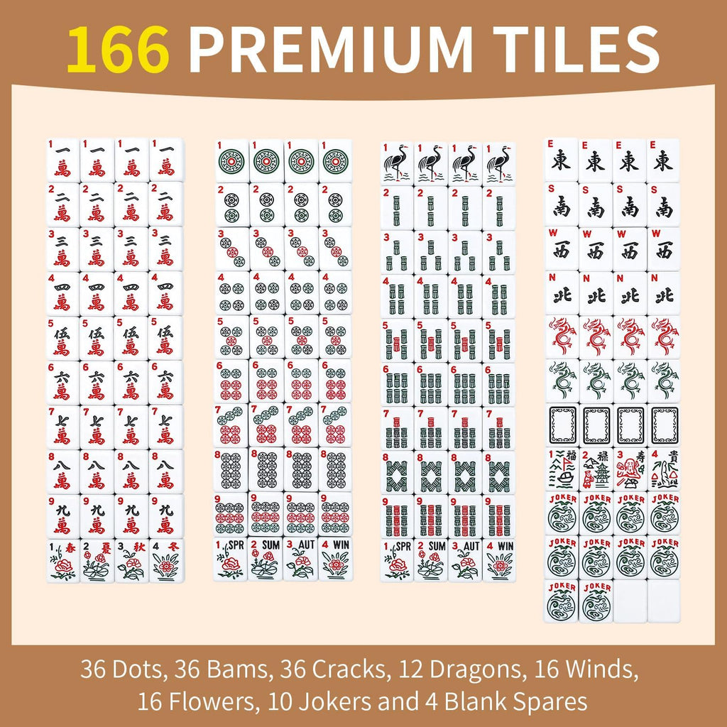 Juego de mahjong americano premium con funda de piel sintética de lujo marrón, 166 azulejos blancos, 4 bastidores Mahjong todo en uno con empujadores, fichas y dados