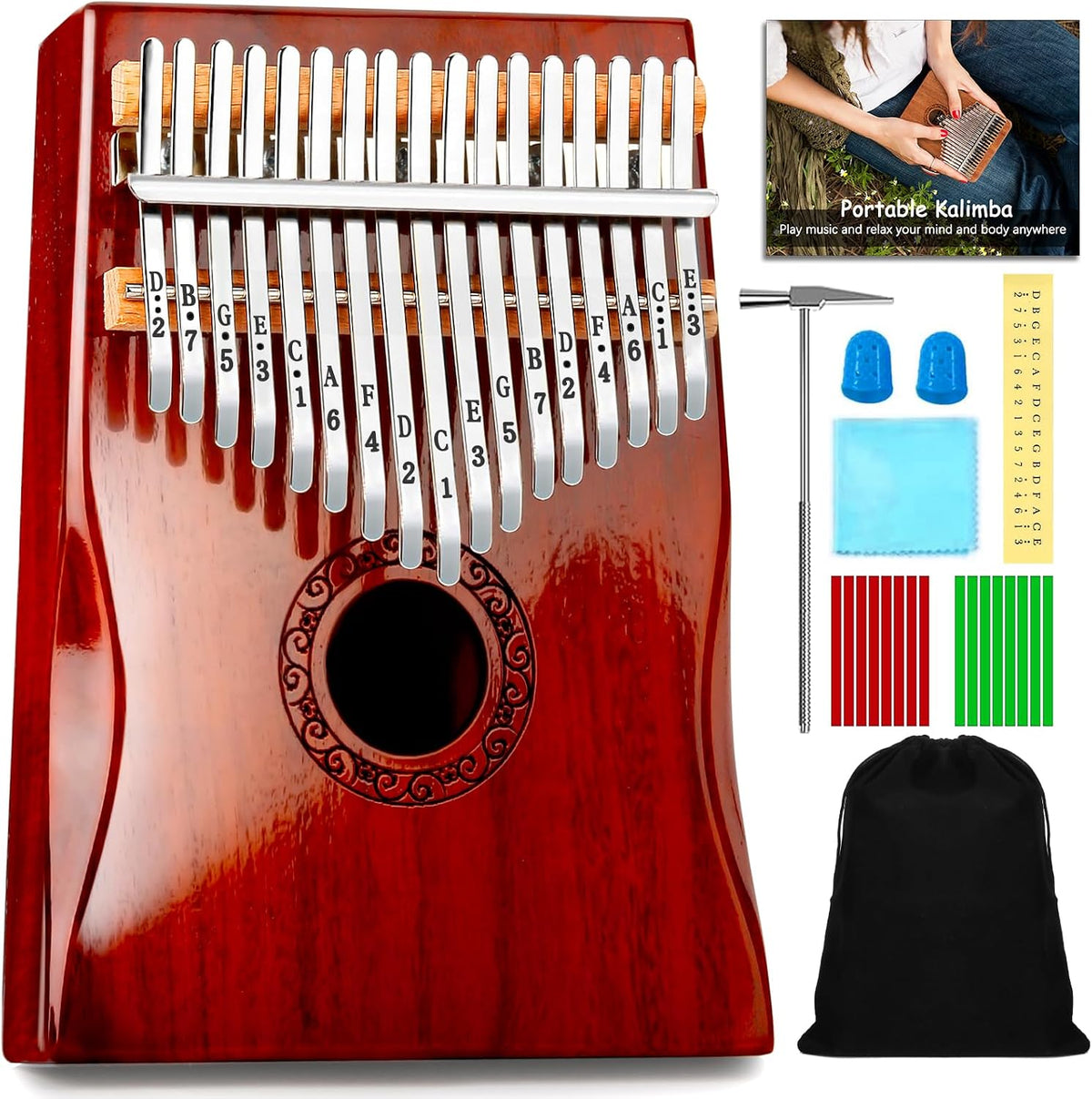 Kalimba Piano de Pulgar, YUNDIE Portátil de 17 Teclas Mbira Piano de Dedo con Martillo de Afinación e Instrucciones de Estudio, Instrumento Musical Regalo para Adultos Principiantes Profesionales
