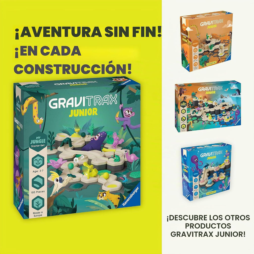 Ravensburger GraviTrax Junior Starter Set - My Jungle - Set de inicio GraviTrax Junior - Juego de carreras de canicas preescolar - Experiencia de construcción divertida - Compatible con STEM, aprendizaje interactivo - Acreditado por malla