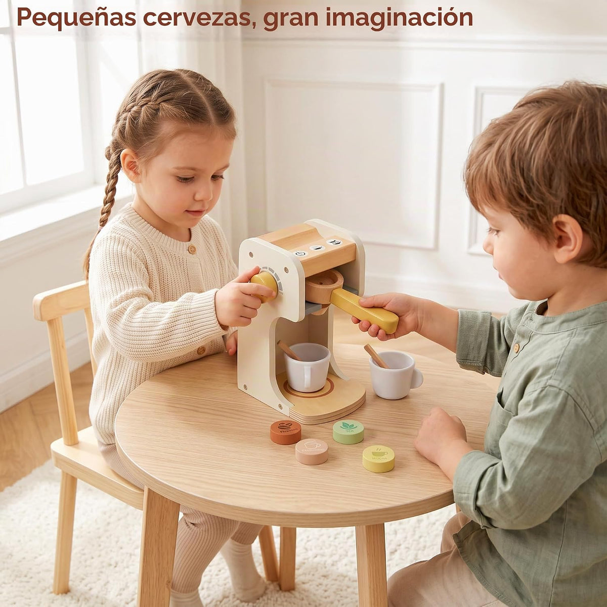 Freniland Juguete clásico de madera para cafetera, juego para preparar y servir para niños pequeños, juguete educativo de cocina para niños a partir de 3 años