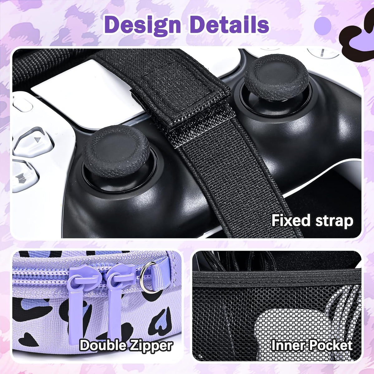 DLseego Love Leopard - Bolsa de almacenamiento de viaje para Xbox One, PlayStation5, PS4 Switch Pro, controlador inalámbrico, bolsa protectora portátil a prueba de golpes, 1 colgante de corazón de