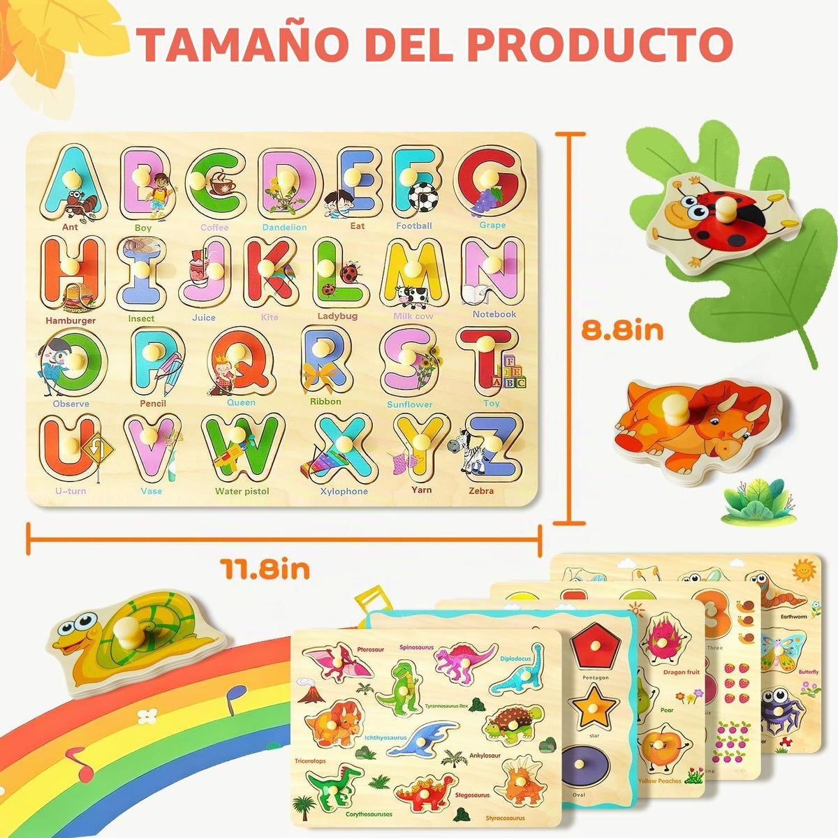 MerryPony - Rompecabezas de clavijas de madera para niños pequeños de 2, 3 y 4 años, 6 piezas de rompecabezas Montessori para niños pequeños - Rompecabezas de alfabeto, forma, número, fruta