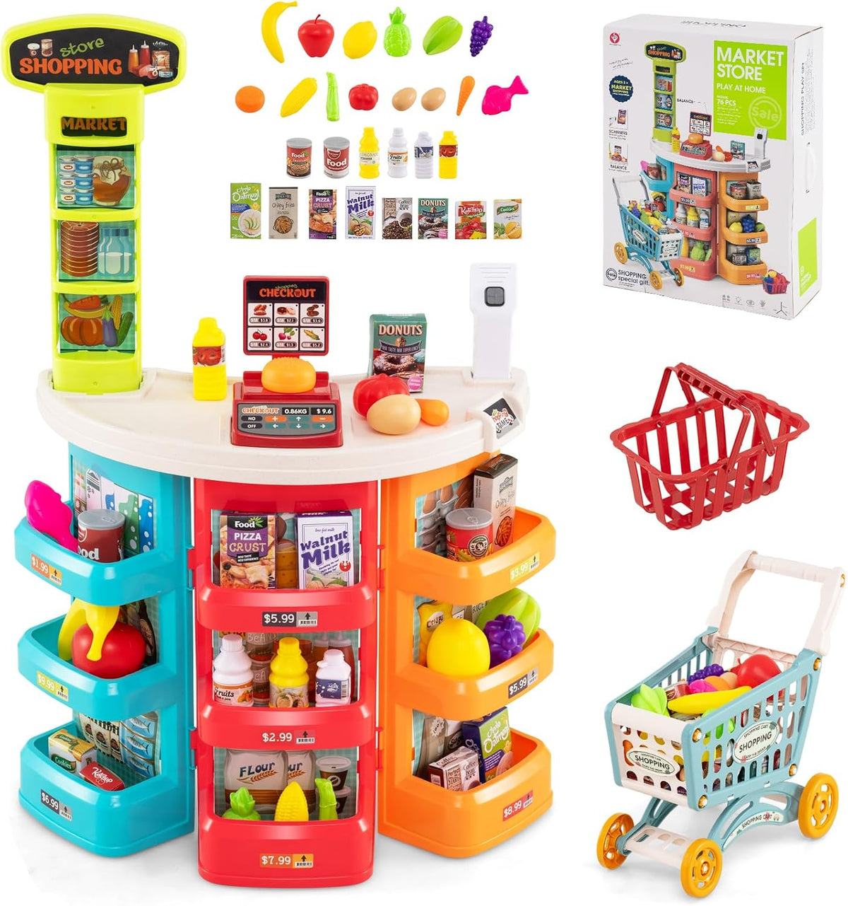 Costzon Juego de tienda de comestibles, juego de simulación de tienda de comestibles con carrito de compras, canasta, comida de juguete, escáner, sonido y luz, caja registradora de juego de simulación