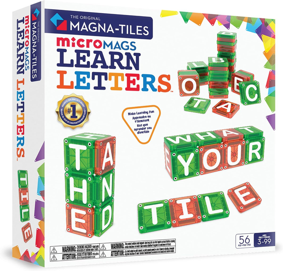 MAGNA-TILES MicroMAGS Learn Letters - Juego de construcción magnética de 56 piezas, la marca original de construcción magnética