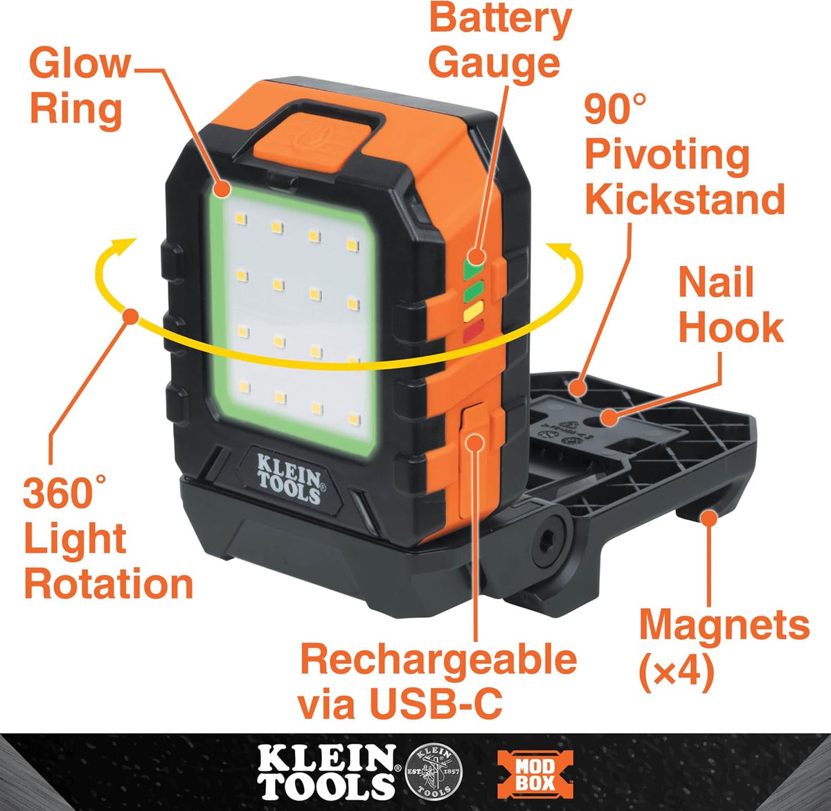 KLEIN TOOLS Luz de trabajo LED recargable 56416, 3 modos, compatible con