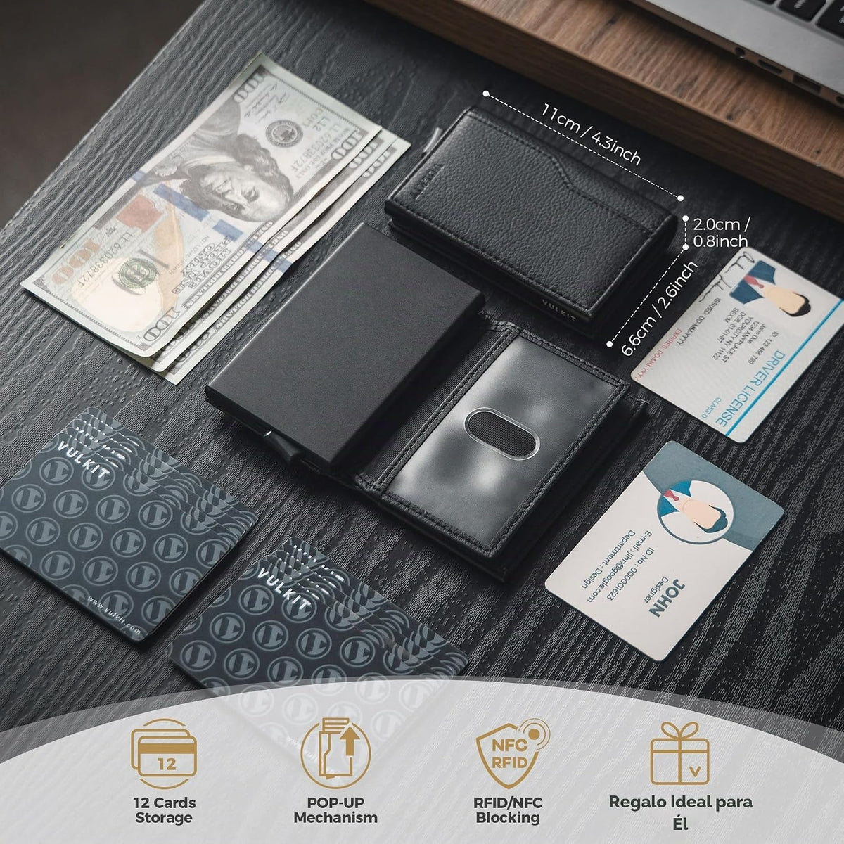 Cartera con tarjetero VULKIT con bloqueo RFID, diseño minimalista, con ventanas dobles para identificación, cartera desplegable para 12 tarjetas, Negro, Talla única, Minimalista