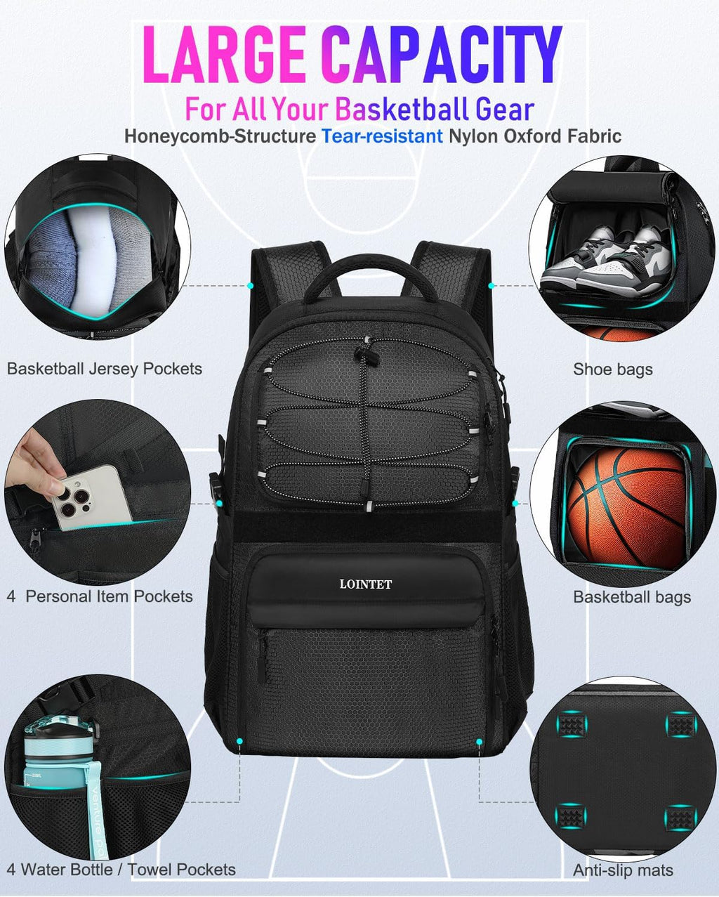 Mochila de baloncesto con compartimento para pelotas y zapatos, gran bolsa de accesorios deportivos de baloncesto