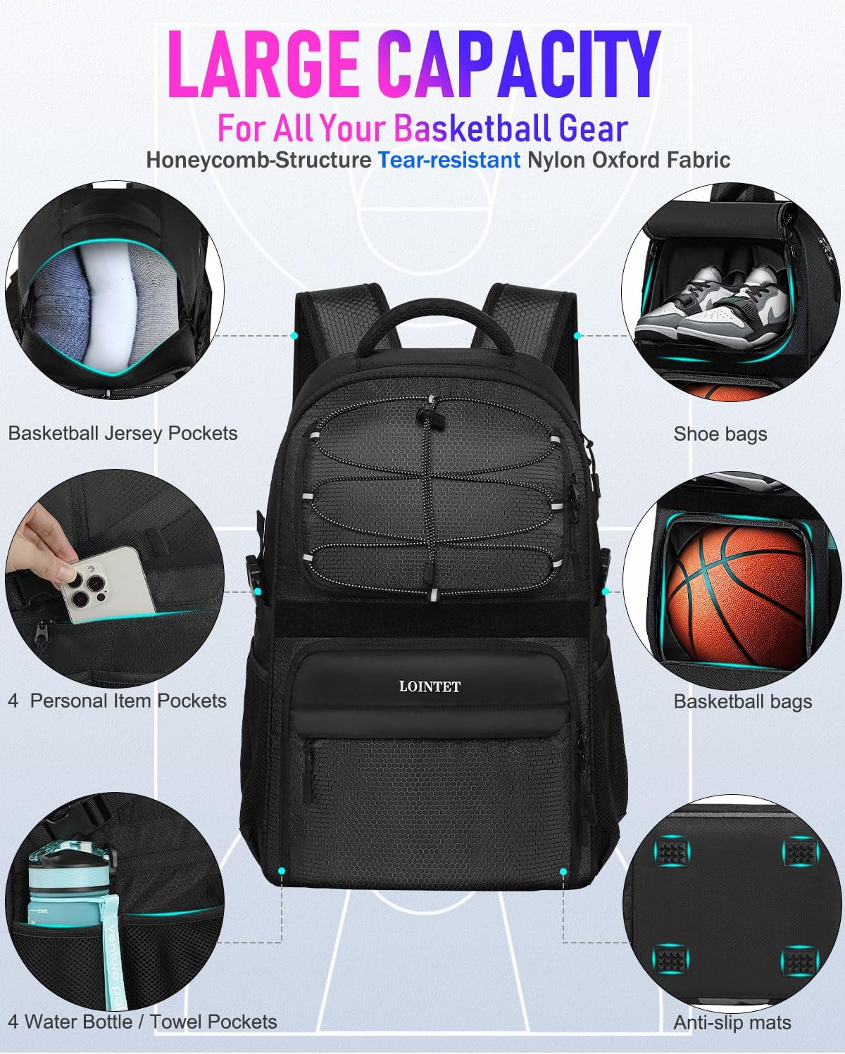 Mochila de baloncesto con compartimento para pelotas y zapatos, gran bolsa de accesorios deportivos de baloncesto