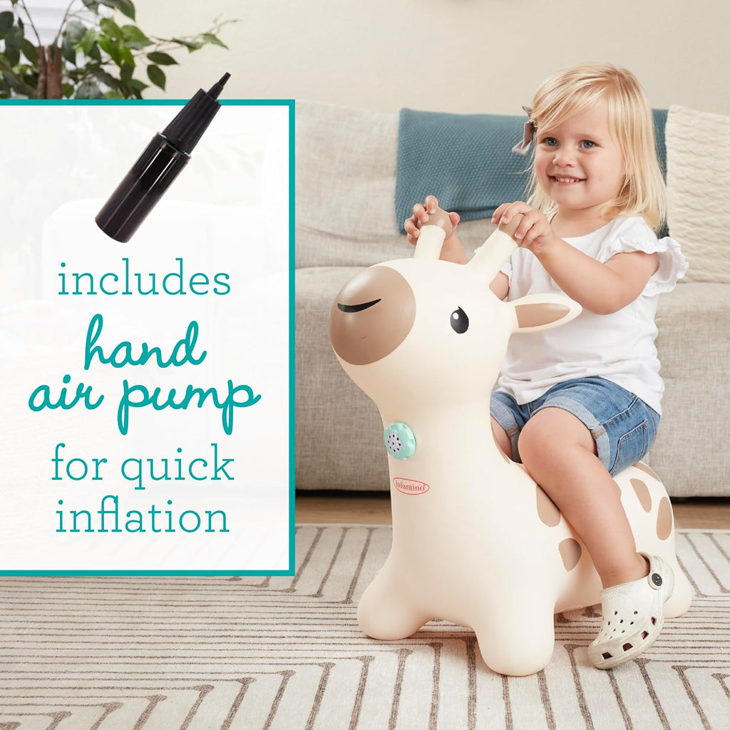 Infantino Bouncy Hoppy Pal, juguete de jirafa para niños pequeños, luces y sonidos, gorila fácil de inflar con asa, juguete de habilidad motora gruesa para interiores, a partir de 12 meses