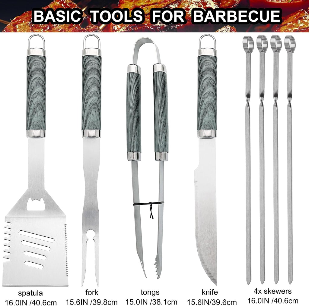 Juego de 24 herramientas para parrilla de barbacoa con termómetro de carne e inyector, tenedor de acero inoxidable extragrueso, espátula y pinzas, accesorios completos para barbacoa, regalos perfectos para el día del padre