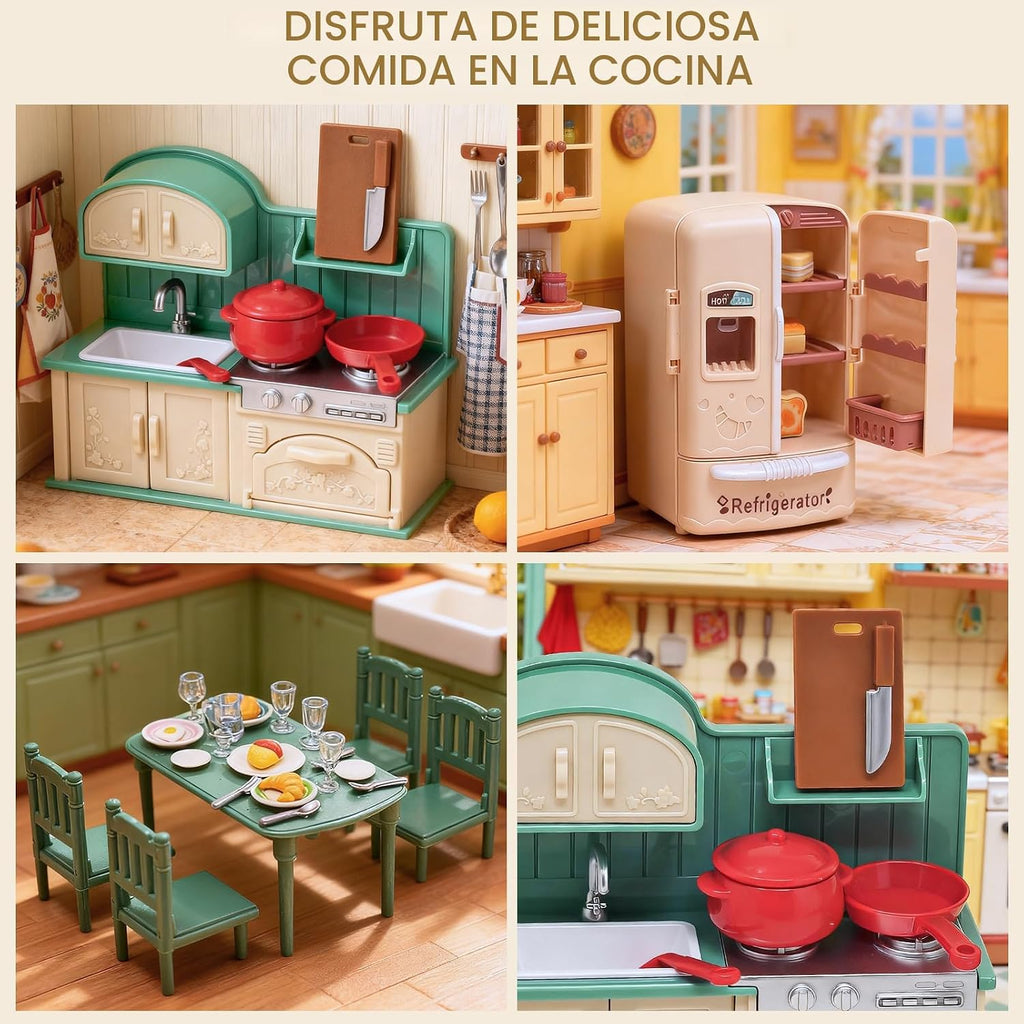 Juego de maletas de muebles de cocina para niños, 2 muñecas flexibles, mesa de comedor, utensilios de cocina, vajilla, refrigerador, pan, accesorios de casa de muñecas para juegos de simulación, regalo de Navidad y cumpleaños para niñas a partir de 3 años