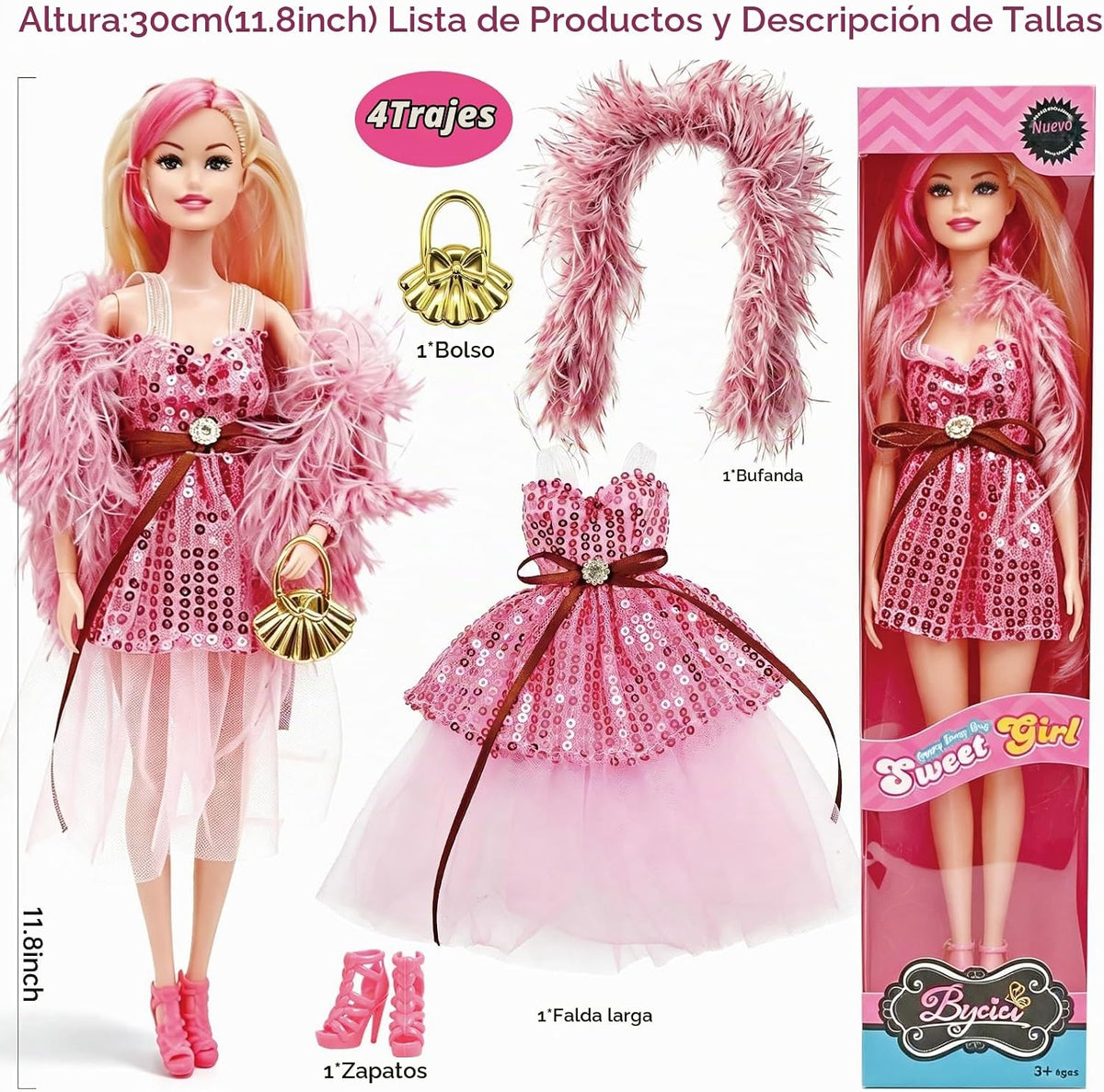 Juego de muñecas de moda de juguete americano de 11.5 pulgadas | Paquete de 4 muñecas de princesa para niñas de 6 a 12 años | Juego de muñecas con accesorios como bolso, sombrero, corona, collar