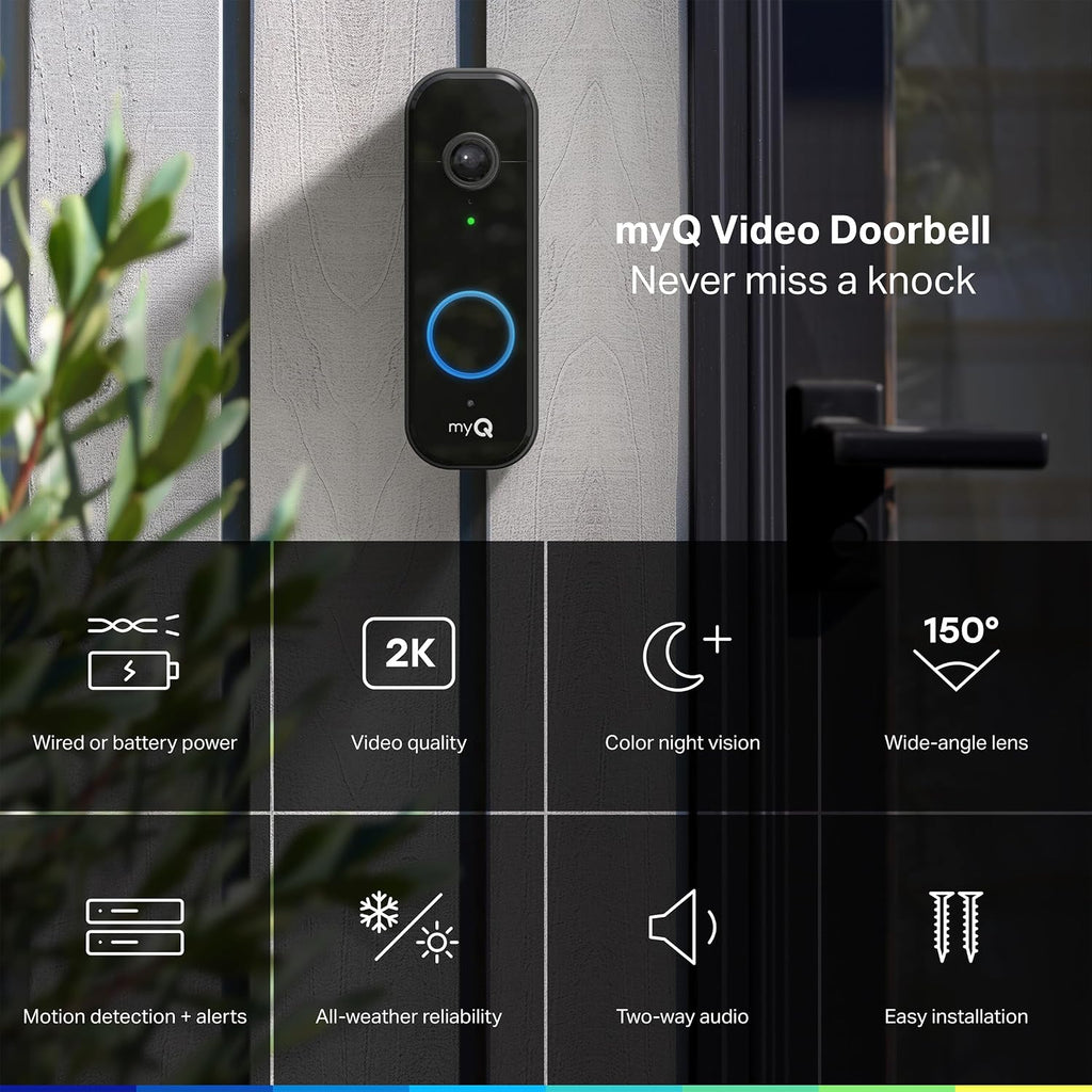 Chamberlain myQ Video Doorbell | Cámara 2K, batería/cableada, visión nocturna a color, vista en vivo con conversación bidireccional, detección de movimiento y alertas en tiempo real, vista amplia de