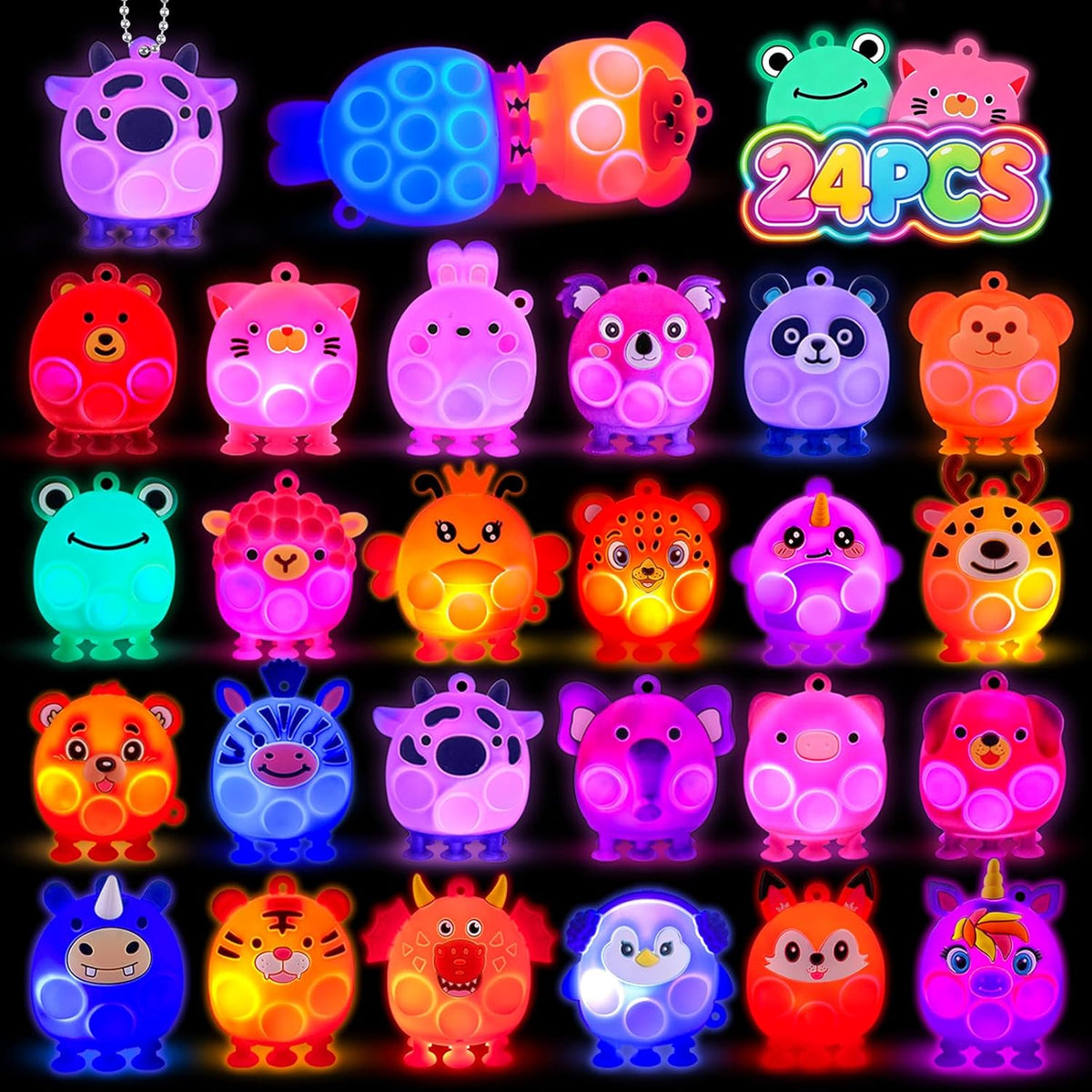 Recuerdos de fiesta para niños, 24 piezas de juguetes para ansiedad con succión de animales 3D, suministros de fiesta que brillan en la oscuridad, rellenos de bolsas de golosinas para niños