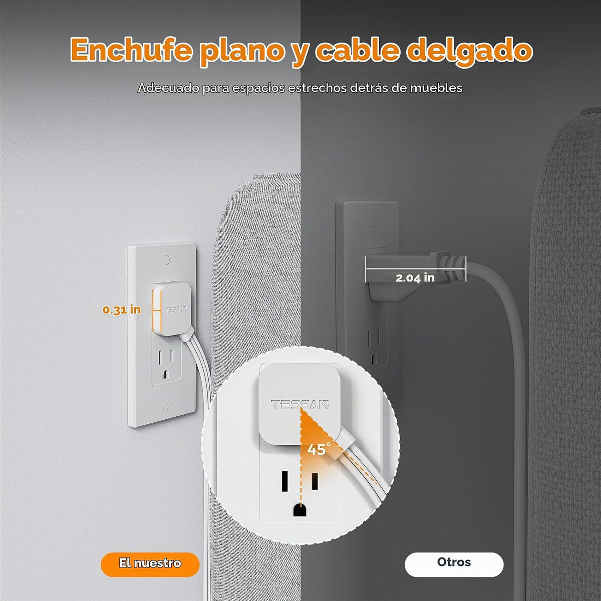 Regleta en torre TESSAN con enchufe plano y protección contra sobretensiones de 1050J, 6 ft, gris