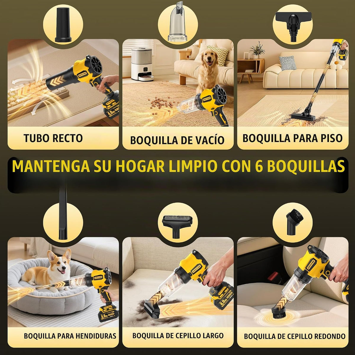 Aspiradora inalámbrica 7 en 1, aspiradora de mano con batería con motor sin escobillas de 700 W, succión y soplador de alta potencia de 50 KPA para el hogar, automóvil, pelo de mascotas