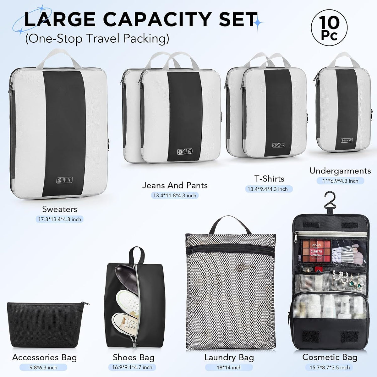 OlarHike Juego de 10 cubos de compresión para artículos esenciales de viaje, bolsas compresibles expandibles ahorradoras de espacio para organizar la ropa, maletas de equipaje con más de 1000 agujeros