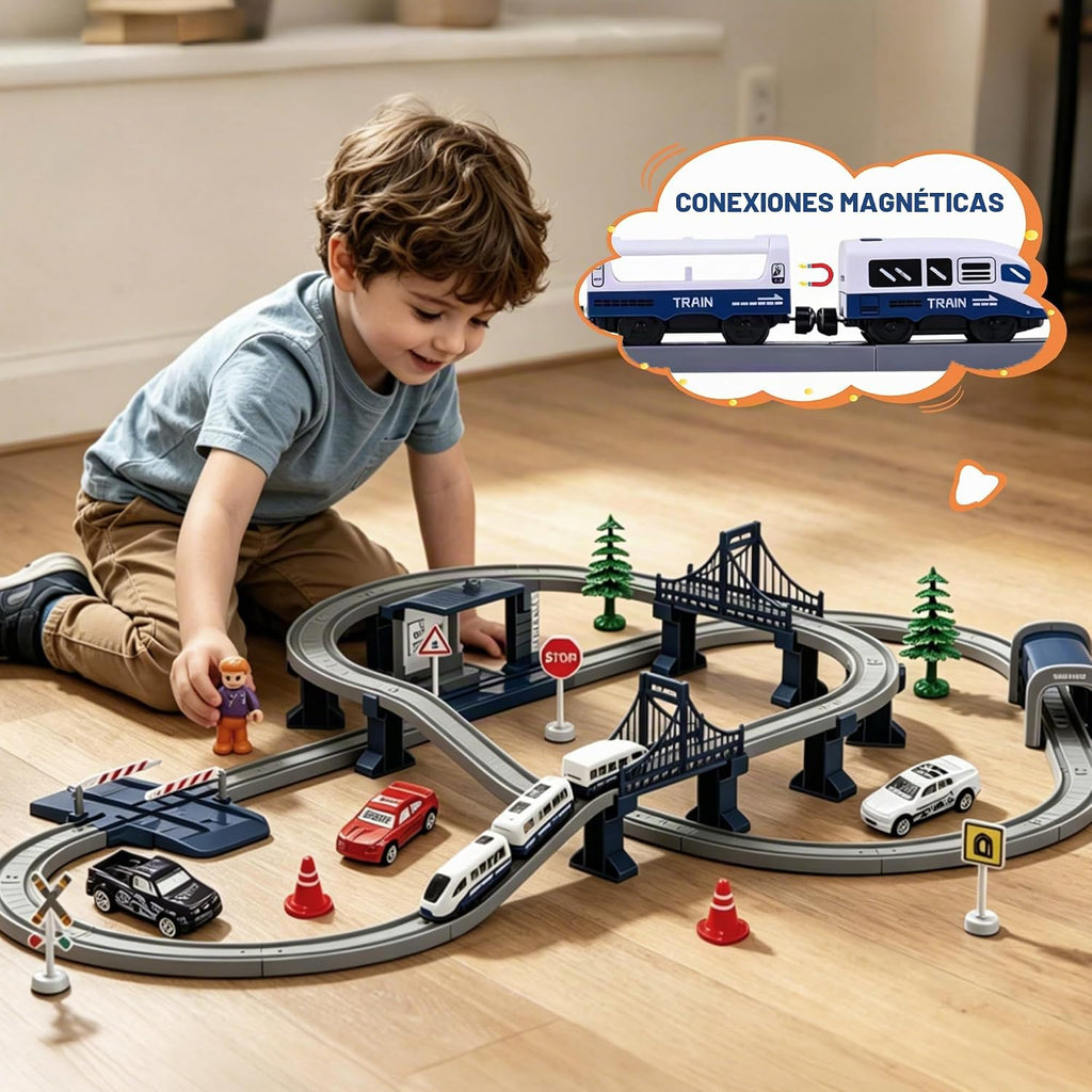 Juegos de trenes para niños 4-7, 104 piezas Trenes a pilas con pistas