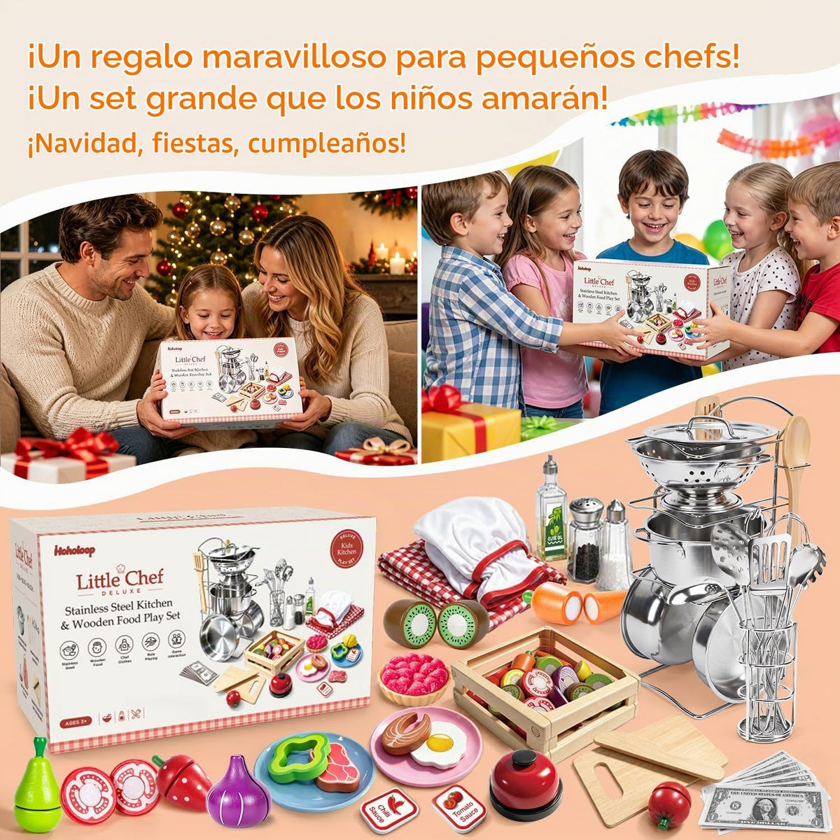 Juego de accesorios de cocina, juego de cocina para niños de acero