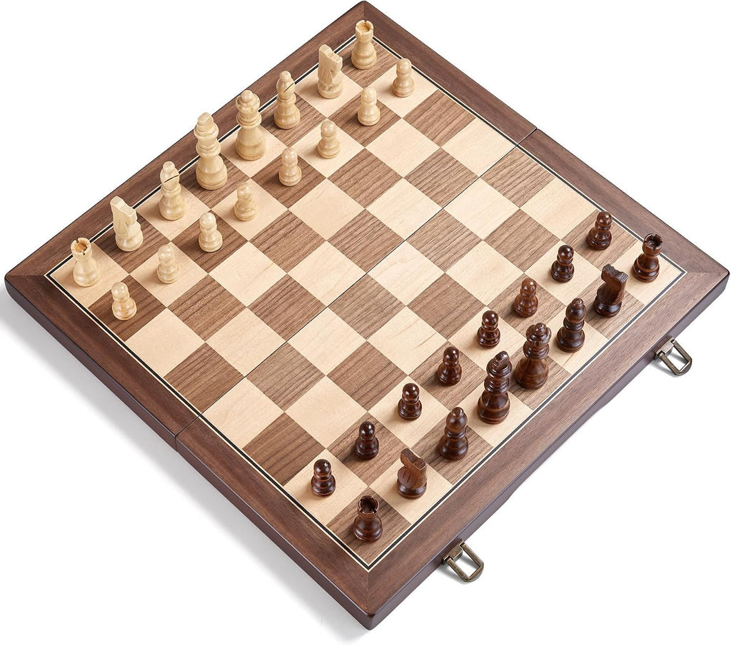 AMEROUS - Juego de ajedrez magnético de madera de 15 pulgadas para adultos y niños - con tablero plegable, paquete de regalo, ranuras de almacenamiento para piezas, piezas hechas a mano, juego de mesa