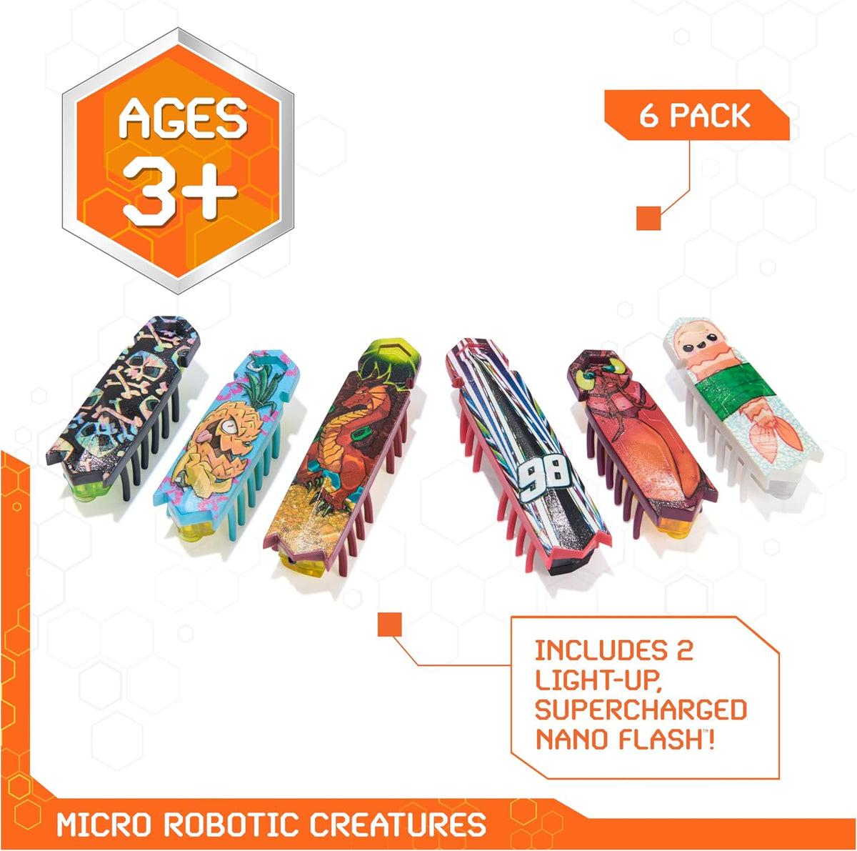 HEX BOTS Paquete de 6 nanos con 2 nanos intermitentes, juguetes sensoriales