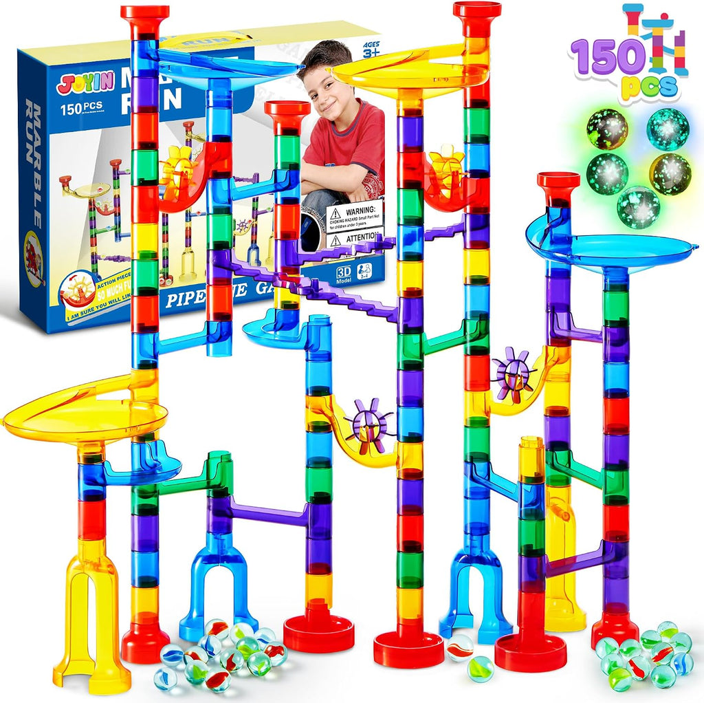 JOYIN 150 piezas de bloques de construcción de bloques de construcción con 5 canicas de vidrio que brillan en la oscuridad, juguete educativo STEM de bloques de construcción, regalos de cumpleaños, rellenos de cesta de Pascua