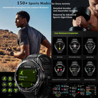 Military GPS Smart Watch: 1.43” AMOLED AOD, GPS integrado, Brújula, Altímetro, Barómetro, Seguimiento de Fitness/Trayectorias, Llamadas BT, 150+ Deportes, IP69K, Asistente de Voz, Larga Batería, Android/iOS