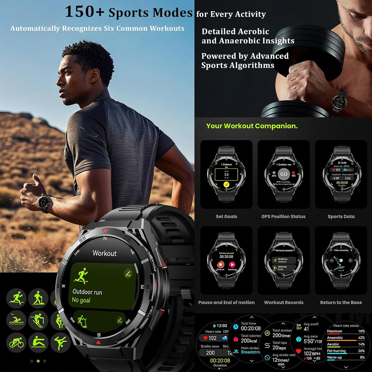 Military GPS Smart Watch: 1.43” AMOLED AOD, GPS integrado, Brújula, Altímetro, Barómetro, Seguimiento de Fitness/Trayectorias, Llamadas BT, 150+ Deportes, IP69K, Asistente de Voz, Larga Batería, Android/iOS