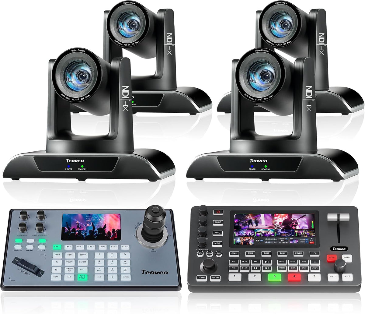 Tenveo Paquete de cámara PTZ/Kits - Cámara PTZ de seguimiento automático NDI AI de 20X (4 piezas) con HDMI/USB3.0/LAN (PoE), controlador de joystick NDI PTZ y mezclador de conmutador de video HDMI 4K