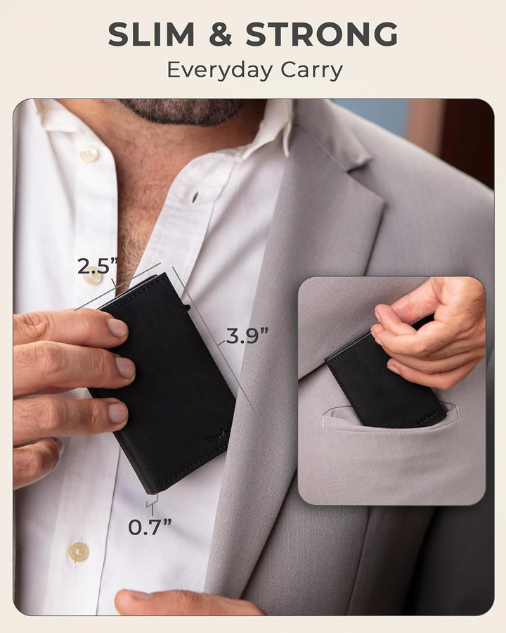 TopMost Billetera desplegable de cuero genuino para hombres, soport...