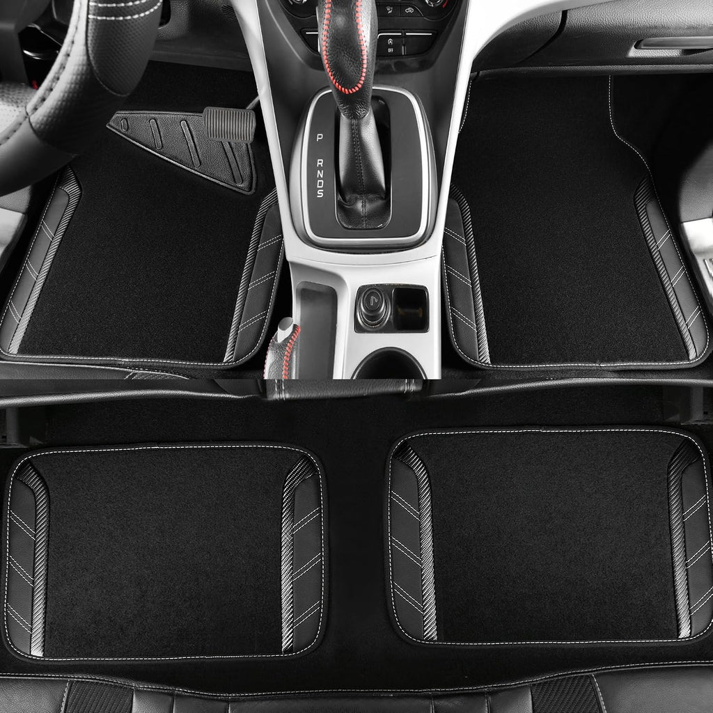 CAR PASS Funda de cuero para volante y alfombrillas impermeables para automóvil, combo universal de microfibra para autos que se adapta al 95 % de sedanes, SUV, vehículos, 14.5-15 pulgadas, diseño