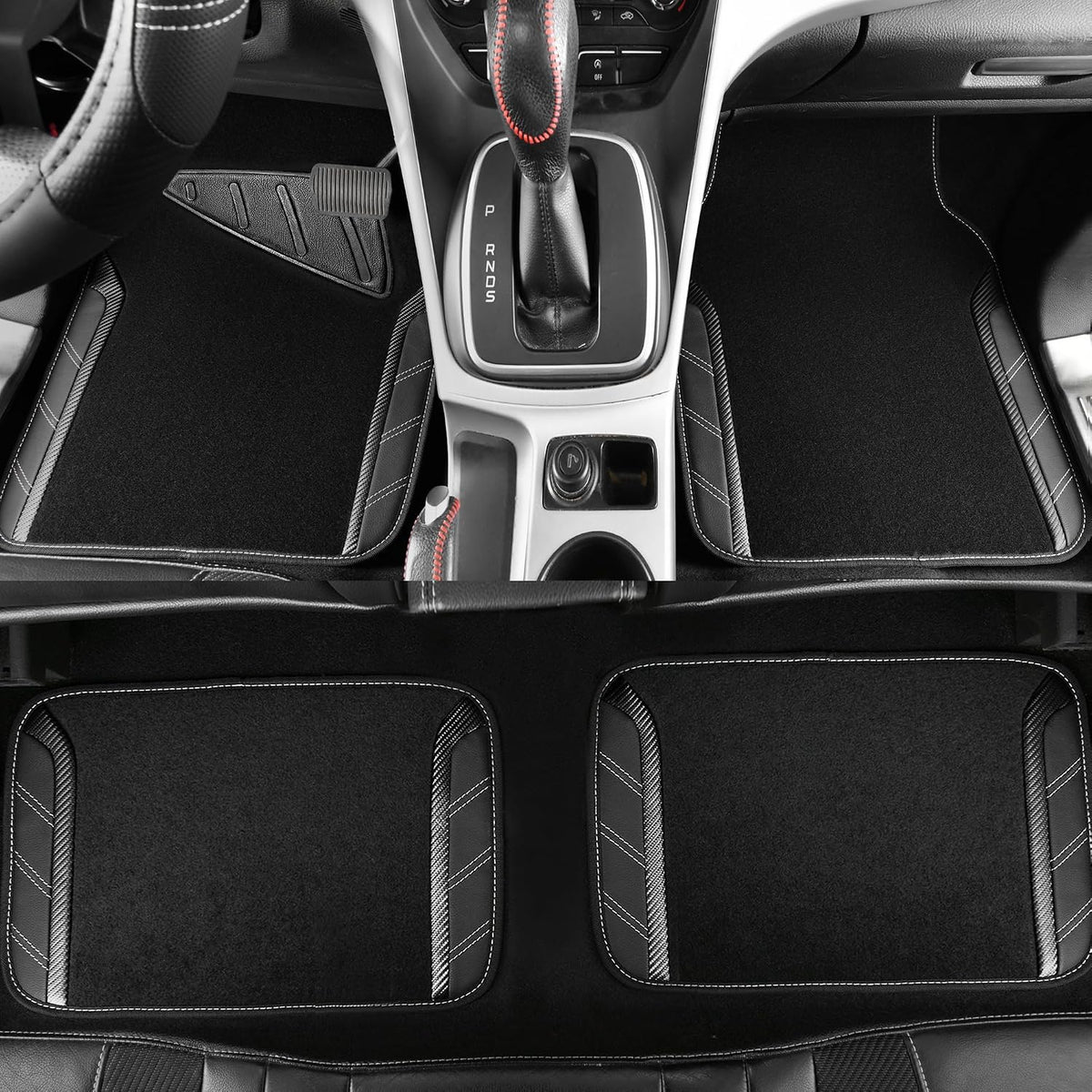 CAR PASS Funda de cuero para volante y alfombrillas impermeables para automóvil, combo universal de microfibra para autos que se adapta al 95 % de sedanes, SUV, vehículos, 14.5-15 pulgadas, diseño