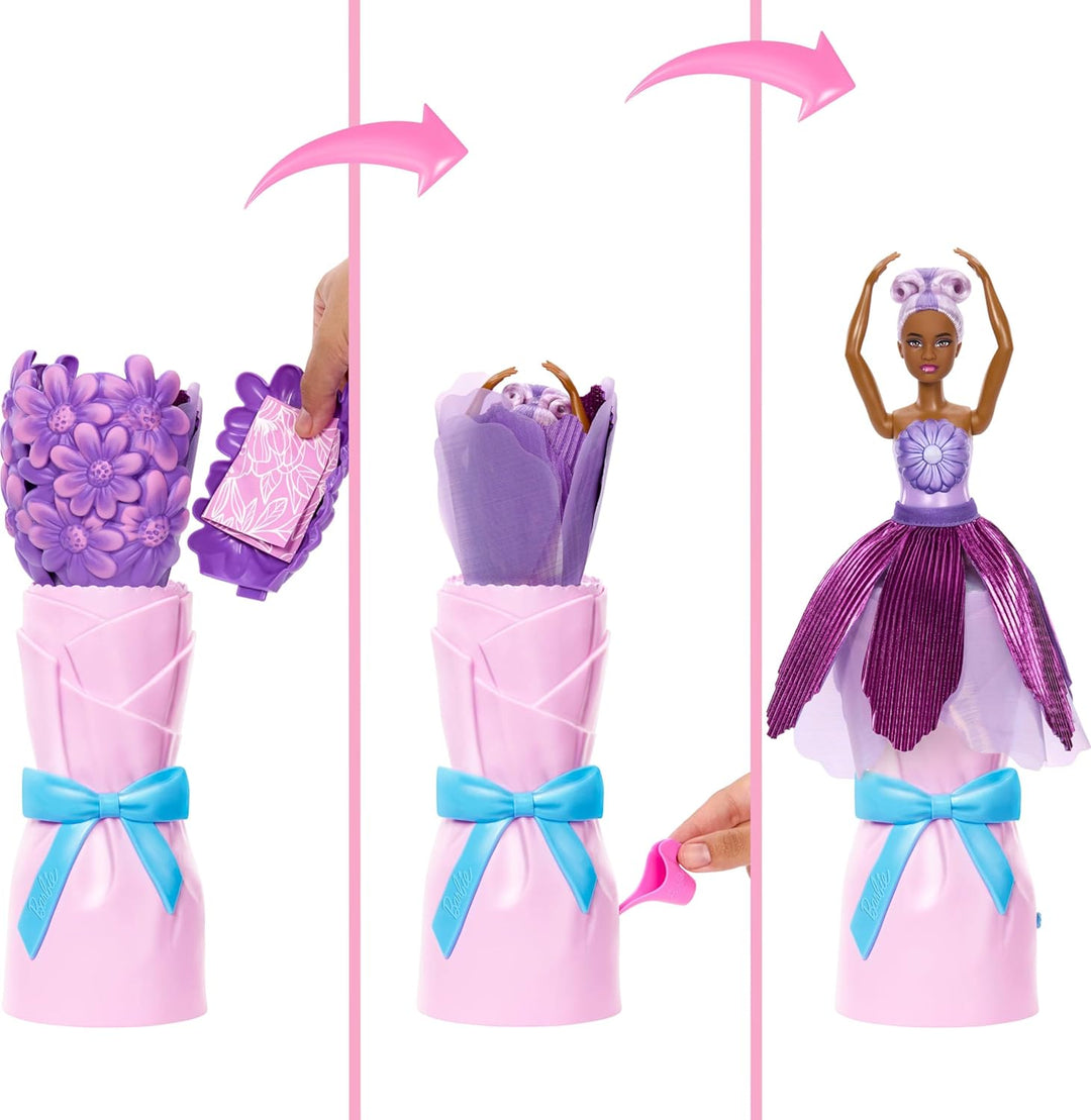 Barbie Muñeca perfumada Petal Pop con vestido floral morado y acces...