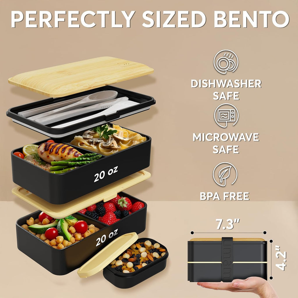 Umami Bento Box - Lonchera apilable para adultos, 40 onzas, negro y bambú