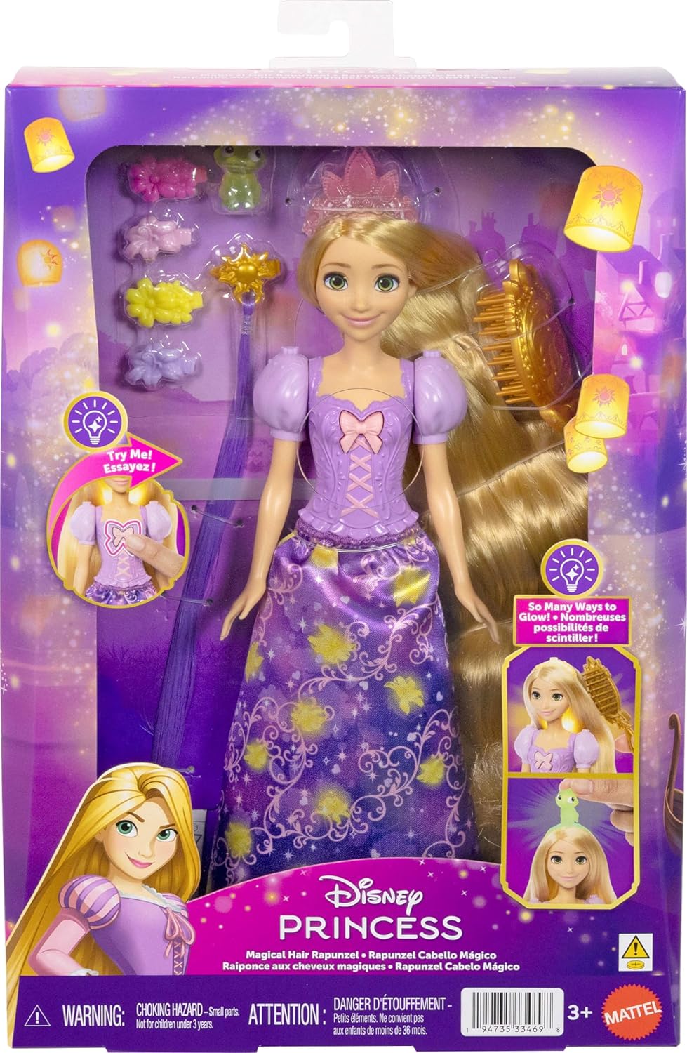Mattel Disney Princesa Rapunzel Muñeca de moda con pelo que se ilum...