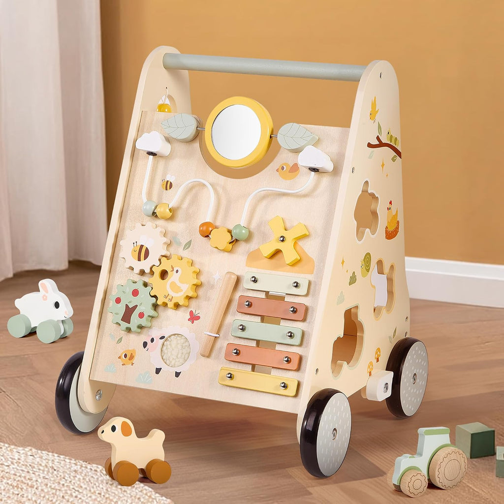 Andador de madera para bebés, andador de bebé con centro de actividades para niñas y niños, juguetes sensoriales Montessori para bebés que aprenden a caminar y sentarse a estar de pie
