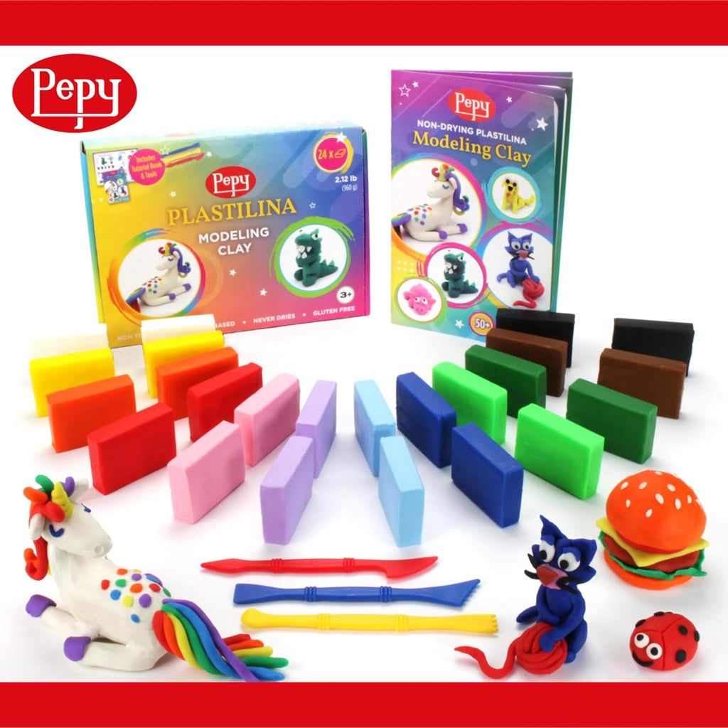 Plastilina - Arcilla de modelado reutilizable y que no se seca, juego de regalo de 24 barras con herramientas de modelado y tutorial, 2 de cada uno de 12 colores, barras de 1.4 oz, perfecta para